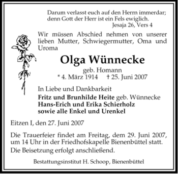 Traueranzeige von Olga Wünnecke von ALLGEMEINE ZEITUNG UELZEN