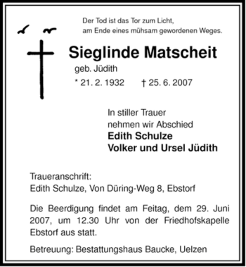 Traueranzeige von Sieglinde Matscheit von ALLGEMEINE ZEITUNG UELZEN