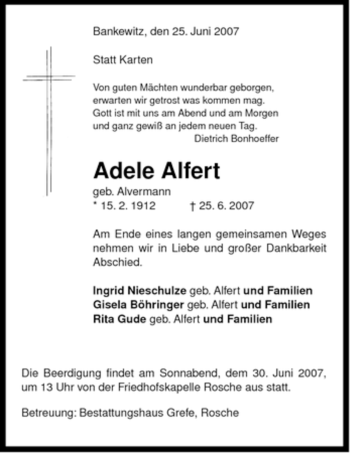 Traueranzeige von Adele Alfert von ALLGEMEINE ZEITUNG UELZEN