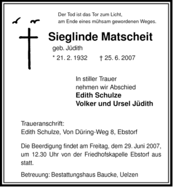 Traueranzeige von Sieglinde Matscheit von ALLGEMEINE ZEITUNG UELZEN