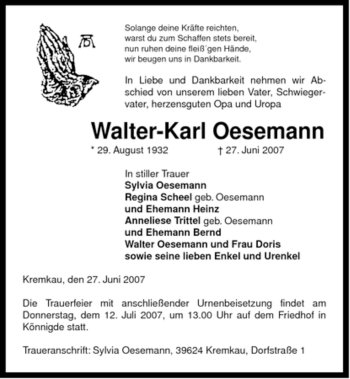 Traueranzeige von Walter-Karl Oesemann von ALLGEMEINE ZEITUNG UELZEN