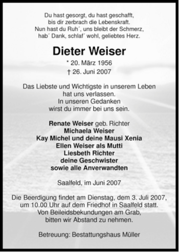 Traueranzeige von Dieter Weiser von ALLGEMEINE ZEITUNG UELZEN