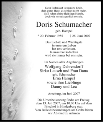 Traueranzeige von Doris Schumacher von ALLGEMEINE ZEITUNG UELZEN
