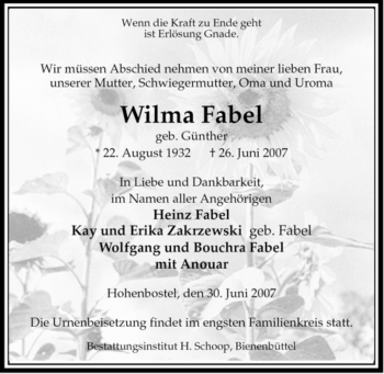 Traueranzeige von Wilma Fabel von ALLGEMEINE ZEITUNG UELZEN