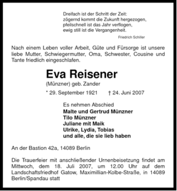 Traueranzeige von Eva Reisener von ALLGEMEINE ZEITUNG UELZEN