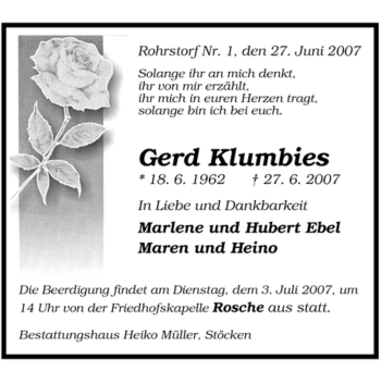 Traueranzeige von Gerd Klumbies von ALLGEMEINE ZEITUNG UELZEN