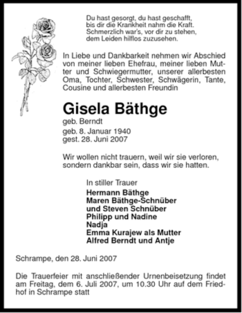 Traueranzeige von Gisela Bäthge von ALLGEMEINE ZEITUNG UELZEN