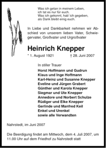 Traueranzeige von Heinrich Knepper von ALLGEMEINE ZEITUNG UELZEN