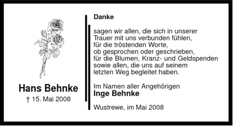  Traueranzeige für Hans Behnke vom 04.06.2008 aus ALLGEMEINE ZEITUNG UELZEN