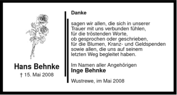 Traueranzeige von Hans Behnke von ALLGEMEINE ZEITUNG UELZEN