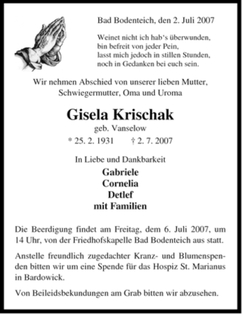 Traueranzeige von Gisela Krischak von ALLGEMEINE ZEITUNG UELZEN
