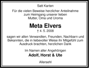 Traueranzeige von Meta Elvers von ALLGEMEINE ZEITUNG UELZEN