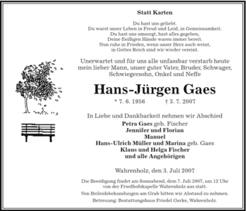 Traueranzeige von Hans-Jürgen Gaes von ALLGEMEINE ZEITUNG UELZEN