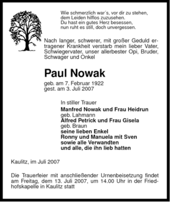 Traueranzeige von Paul Nowak von ALLGEMEINE ZEITUNG UELZEN