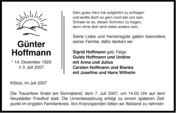 Traueranzeige von Günter Hoffmann von ALLGEMEINE ZEITUNG UELZEN