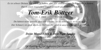 Traueranzeige von Tom-Erik Böttger von ALLGEMEINE ZEITUNG UELZEN