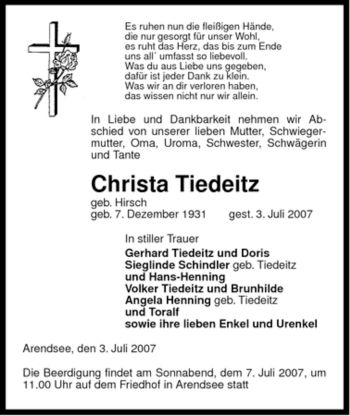 Traueranzeige von Christa Tiedeitz von ALLGEMEINE ZEITUNG UELZEN