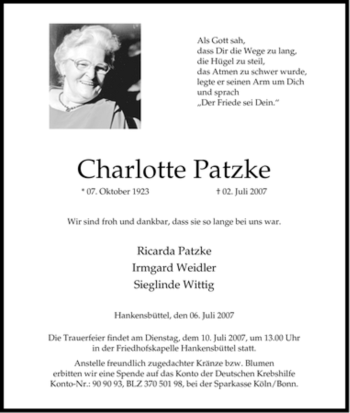 Traueranzeige von Charlotte Patzke von ALLGEMEINE ZEITUNG UELZEN