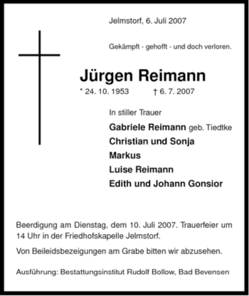Traueranzeige von Jürgen Reimann von ALLGEMEINE ZEITUNG UELZEN