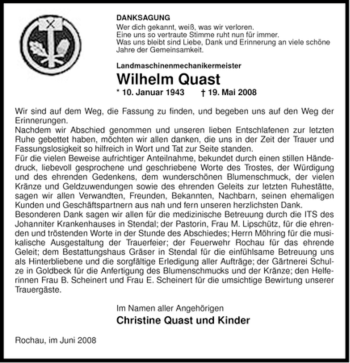 Traueranzeige von Wilhelm Quast von ALLGEMEINE ZEITUNG UELZEN