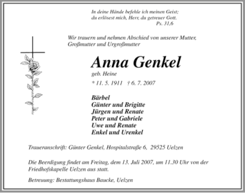 Traueranzeige von Anna Genkel von ALLGEMEINE ZEITUNG UELZEN