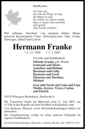 Traueranzeige von Hermann Franke von ALLGEMEINE ZEITUNG UELZEN