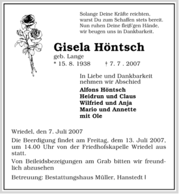 Traueranzeige von Gisela Höntsch von ALLGEMEINE ZEITUNG UELZEN