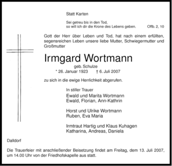 Traueranzeige von Irmgard Wortmann von ALLGEMEINE ZEITUNG UELZEN