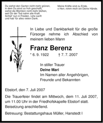 Traueranzeige von Franz Berenz von ALLGEMEINE ZEITUNG UELZEN