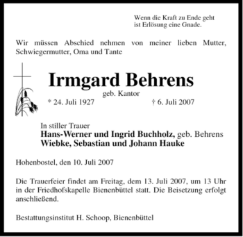 Traueranzeige von Irmgard Behrens von ALLGEMEINE ZEITUNG UELZEN