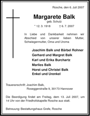 Traueranzeige von Margarete Balk von ALLGEMEINE ZEITUNG UELZEN