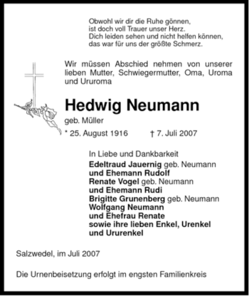 Traueranzeige von Hedwig Neumann von ALLGEMEINE ZEITUNG UELZEN