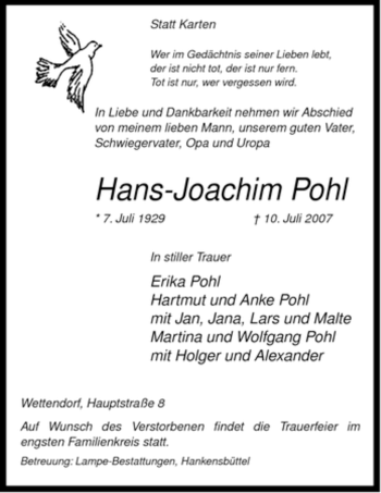 Traueranzeige von Hans-Joachim Pohl von ALLGEMEINE ZEITUNG UELZEN