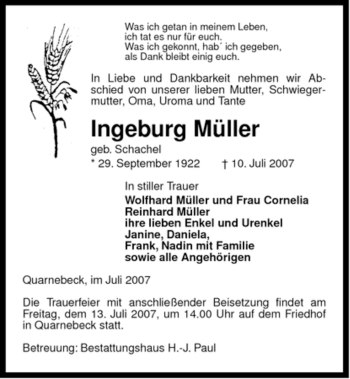 Traueranzeige von Ingeburg Müller von ALLGEMEINE ZEITUNG UELZEN