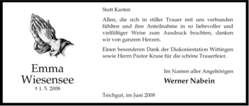 Traueranzeige von Emma Wiesensee von ALLGEMEINE ZEITUNG UELZEN