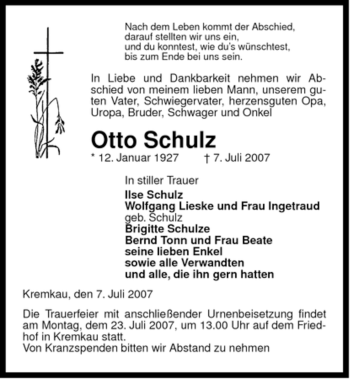 Traueranzeige von Otto Schulz von ALLGEMEINE ZEITUNG UELZEN