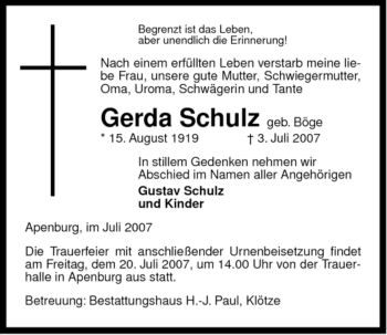 Traueranzeige von Gerda Schulz von ALLGEMEINE ZEITUNG UELZEN