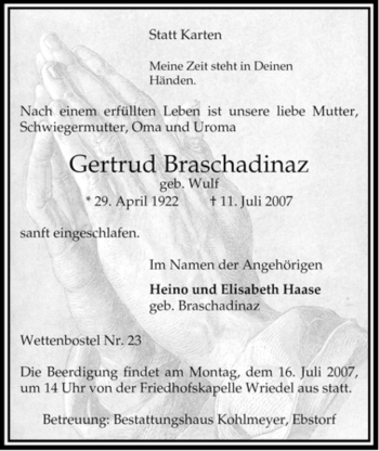 Traueranzeige von Gertrud Braschadinaz von ALLGEMEINE ZEITUNG UELZEN