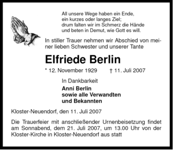 Traueranzeige von Elfriede Berlin von ALLGEMEINE ZEITUNG UELZEN