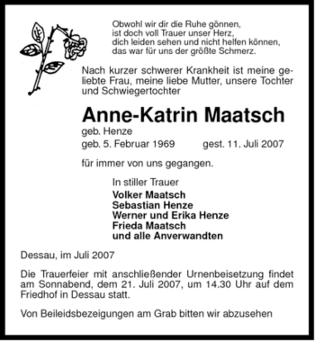 Traueranzeige von Anne-Katrin Maatsch von ALLGEMEINE ZEITUNG UELZEN