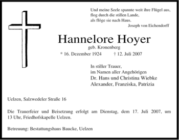 Traueranzeige von Hannelore Hoyer von ALLGEMEINE ZEITUNG UELZEN