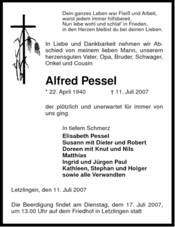 Traueranzeige von Alfred Pessel von ALLGEMEINE ZEITUNG UELZEN