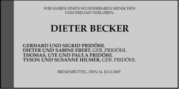 Traueranzeige von Dieter Becker von ALLGEMEINE ZEITUNG UELZEN