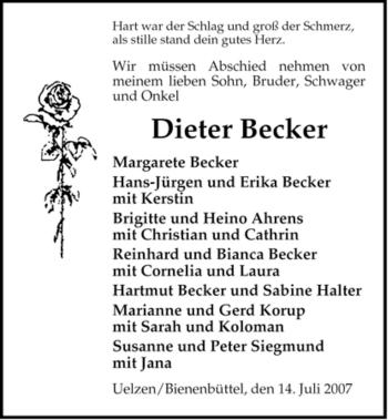 Traueranzeige von Dieter Becker von ALLGEMEINE ZEITUNG UELZEN