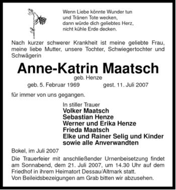 Traueranzeige von Anne-Katrin Maatsch von ALLGEMEINE ZEITUNG UELZEN