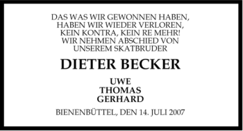 Traueranzeige von Dieter Becker von ALLGEMEINE ZEITUNG UELZEN