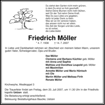 Traueranzeige von Friedrich Möller von ALLGEMEINE ZEITUNG UELZEN