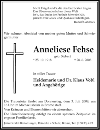 Traueranzeige von Anneliese Fehse von ALLGEMEINE ZEITUNG UELZEN