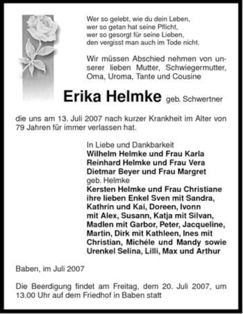 Traueranzeige von Erika Helmke von ALLGEMEINE ZEITUNG UELZEN