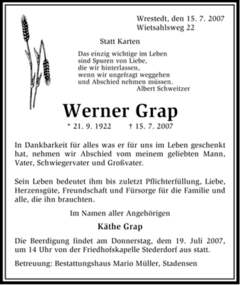 Traueranzeige von Werner Grap von ALLGEMEINE ZEITUNG UELZEN